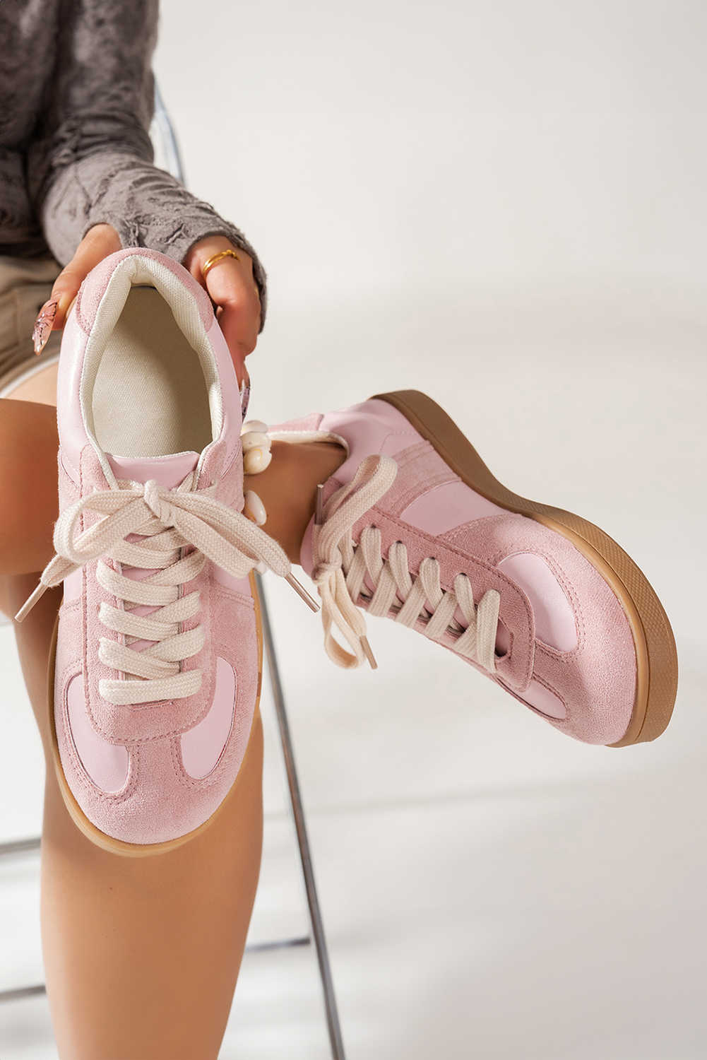 Pink Two Tone Faux Suede Leather Patched Lace-up Sneakers