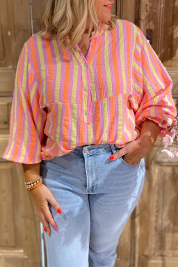 Plus Size Pink Stripe Crinkled Half Buttons V Neck  Blouse