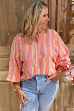Plus Size Pink Stripe Crinkled Half Buttons V Neck  Blouse