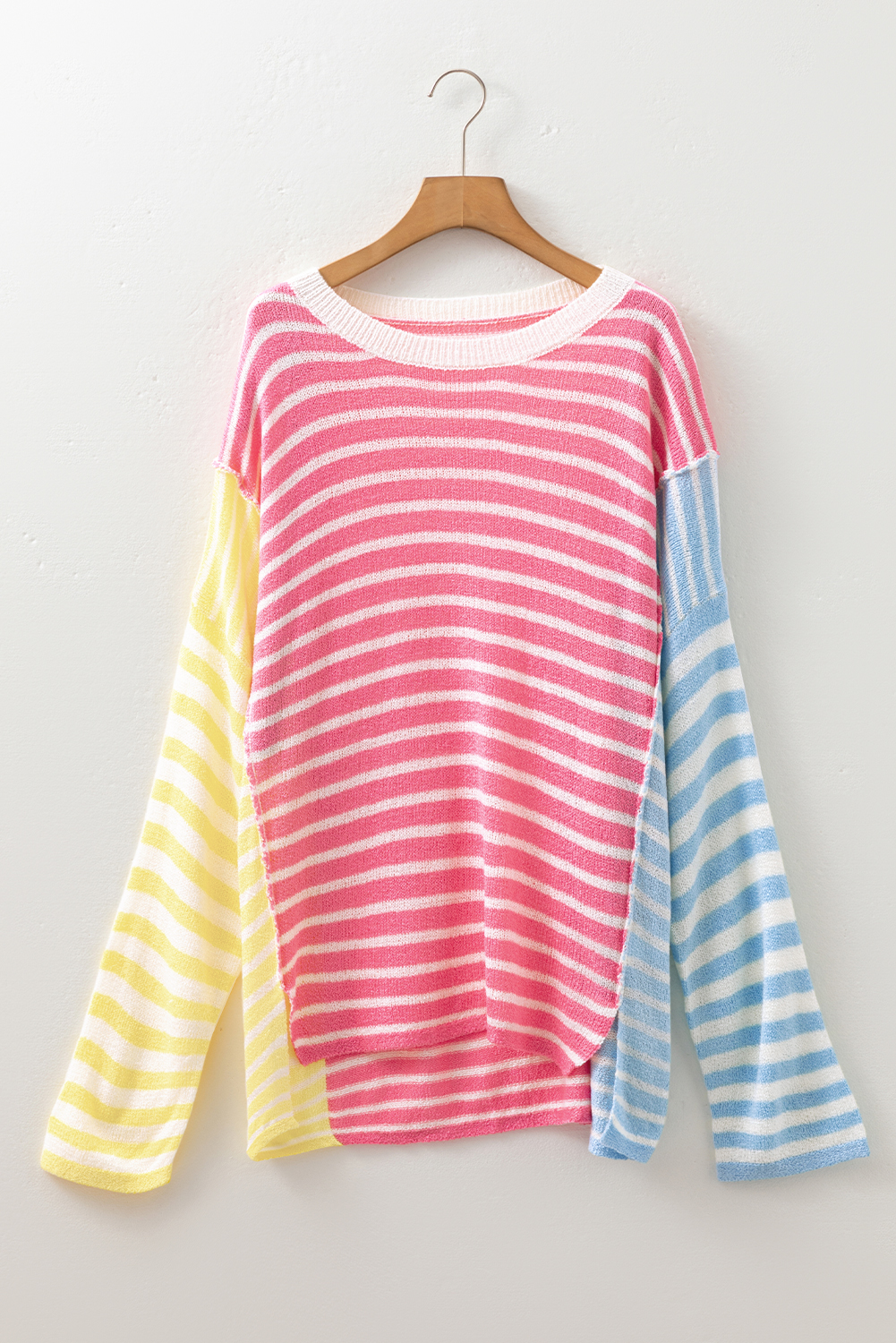 Plus Size Multicolour Striped Exposed Seam Colorblock Patchwork  Sweater