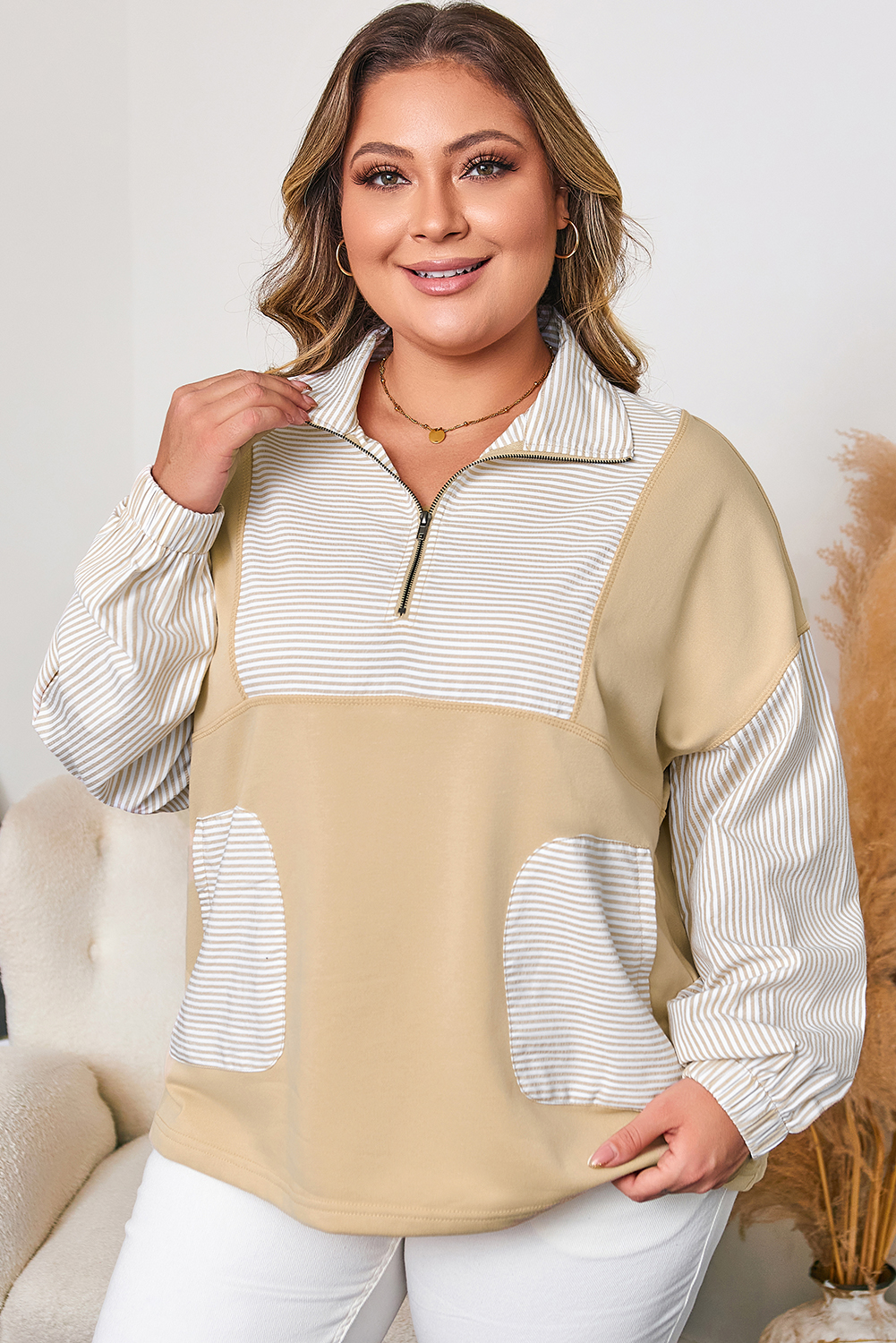 Plus Size Khaki Stripe Mix Half Zip French Terry  Sweatshirt