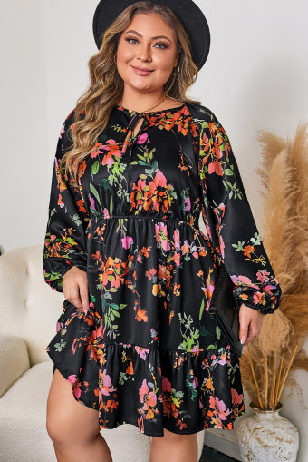 Plus Size Black  Floral Print Tie Neck Cinched Waist Long Sleeve Mini Dress