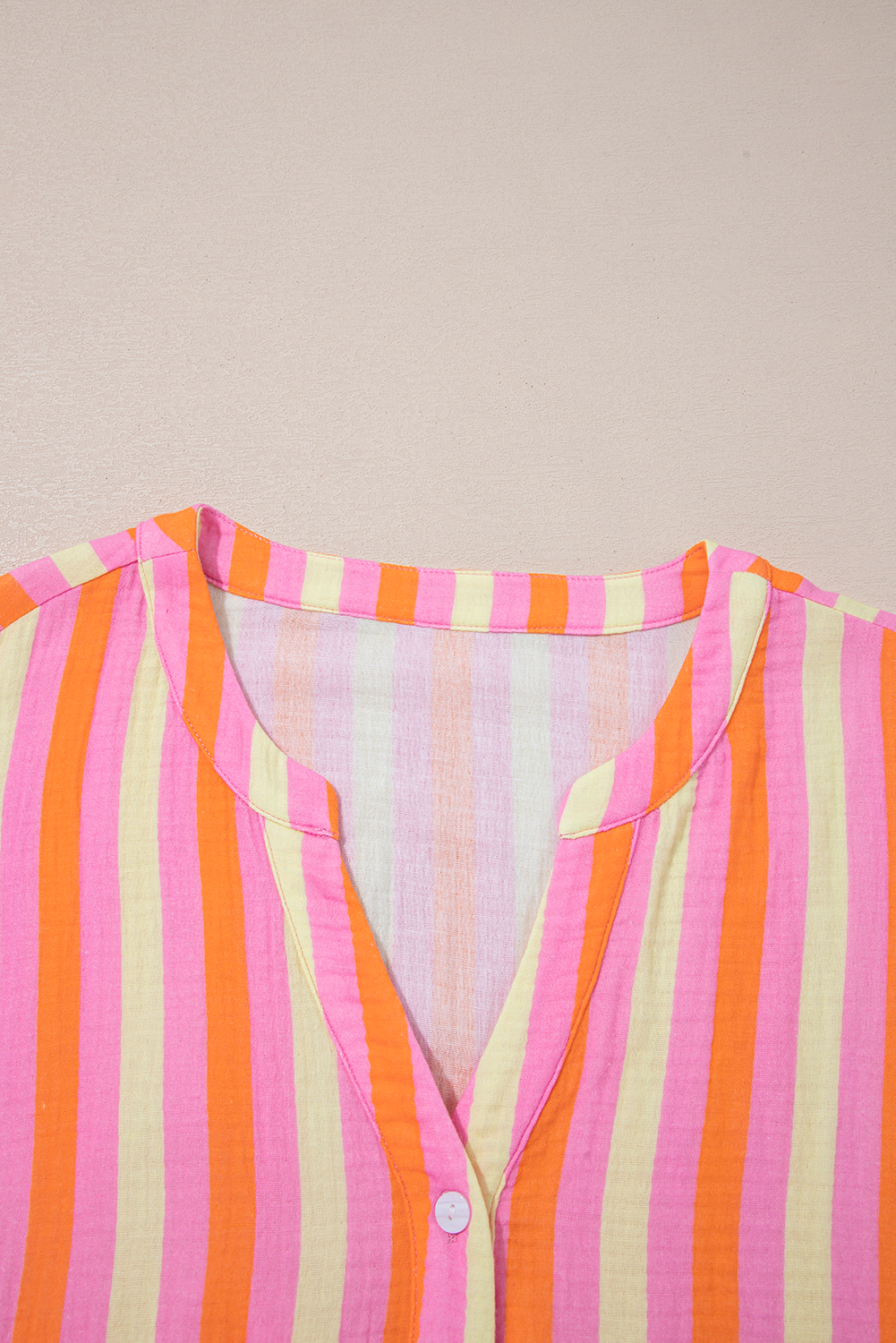 Plus Size Pink Stripe Crinkled Half Buttons V Neck  Blouse