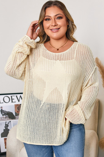 Plus Size Parchment Hollow Out Knit Star Pattern Accent  Jumper