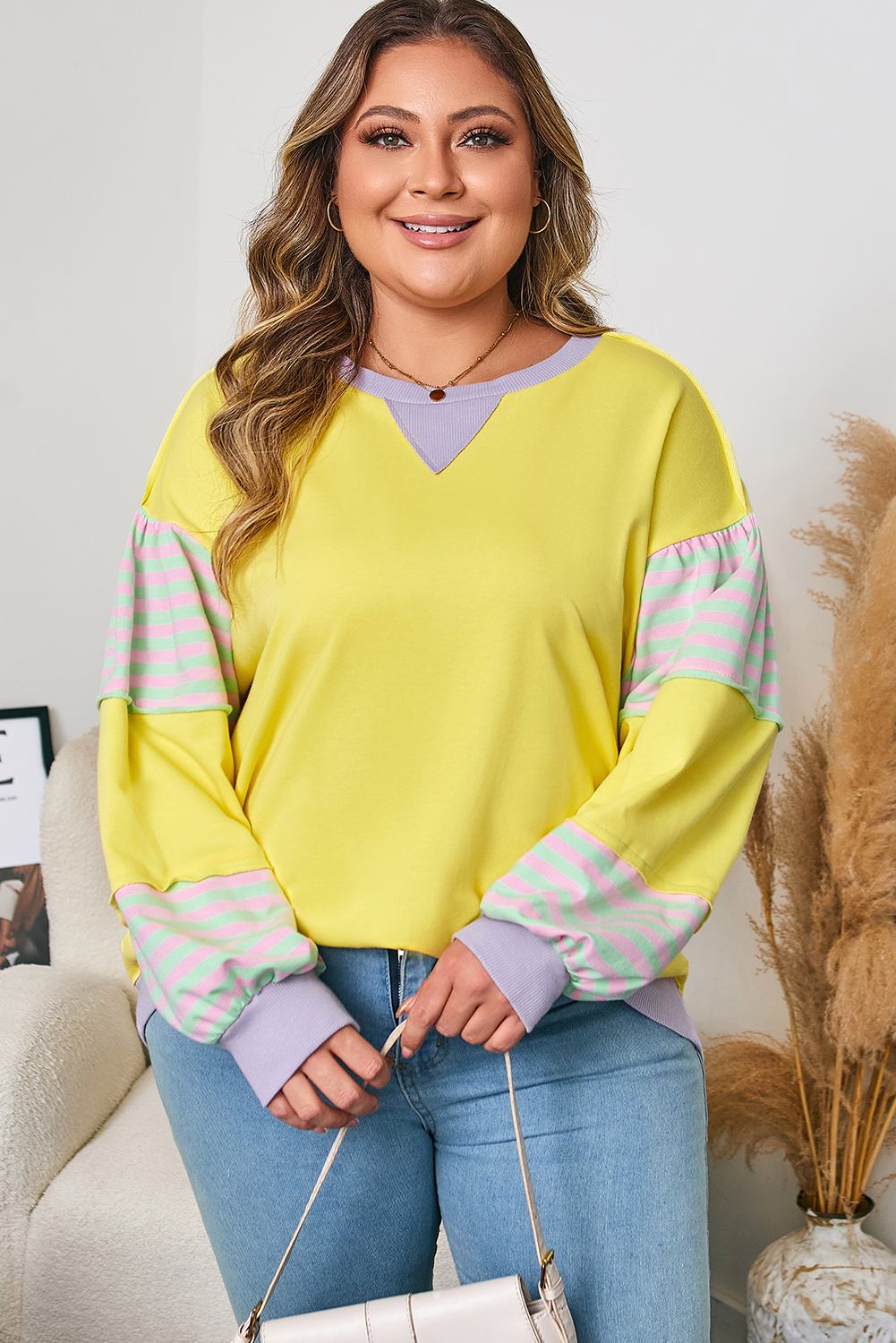 Plus Size Yellow Striped Color Block Patchwork Crewneck  Pullover Sweatshirt