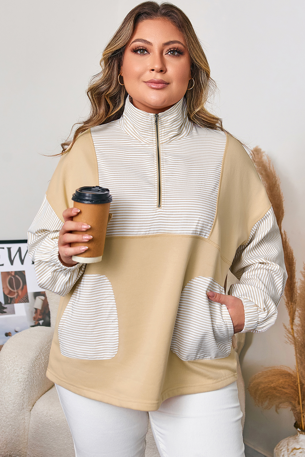 Plus Size Khaki Stripe Mix Half Zip French Terry  Sweatshirt