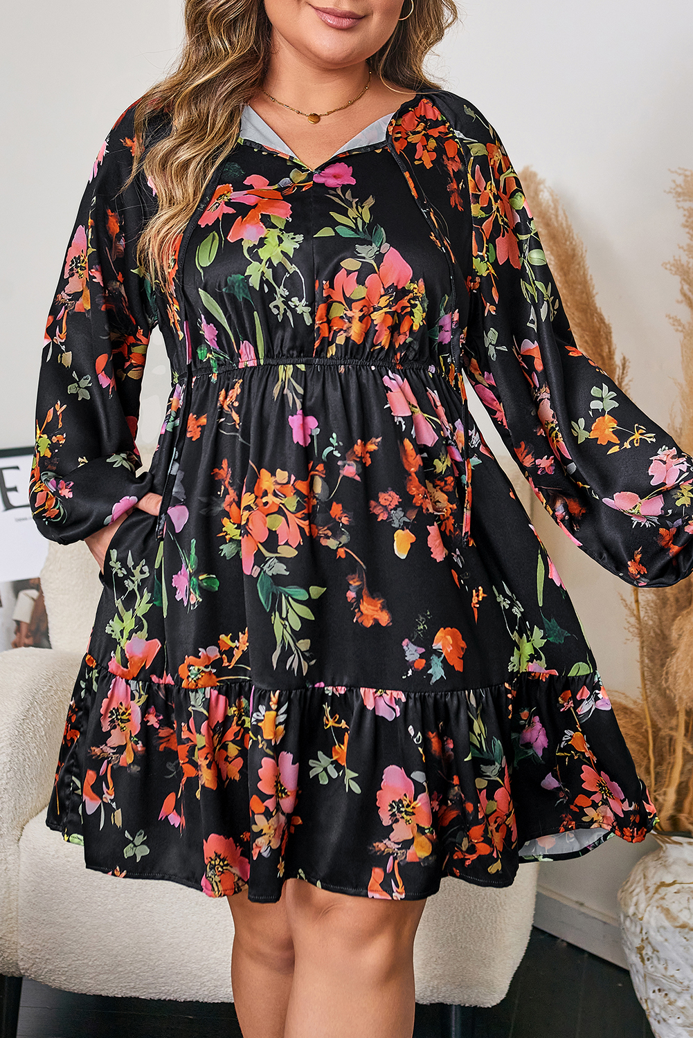 Plus Size Black  Floral Print Tie Neck Cinched Waist Long Sleeve Mini Dress