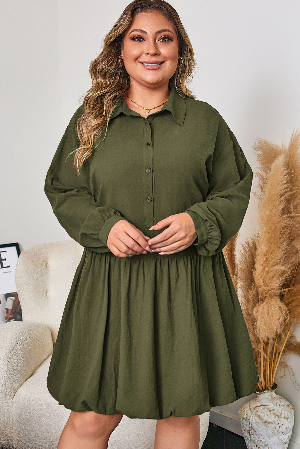 Plus Size Four Leaf Clover  Collar Half Button Long Sleeve Ruffle Hem Mini Dress