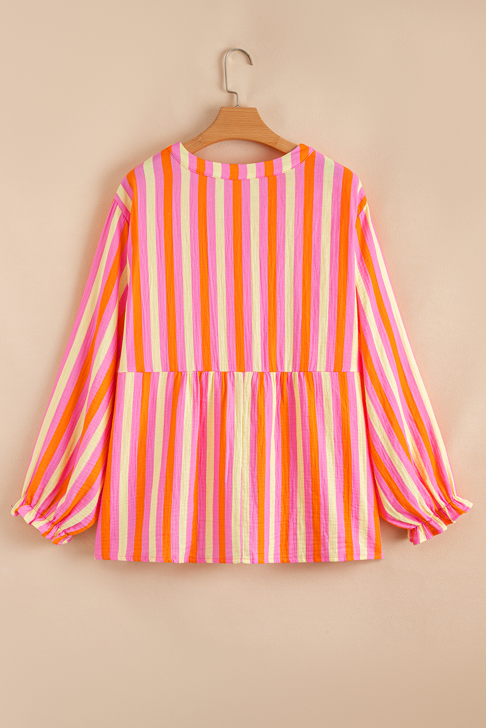 Plus Size Pink Stripe Crinkled Half Buttons V Neck  Blouse