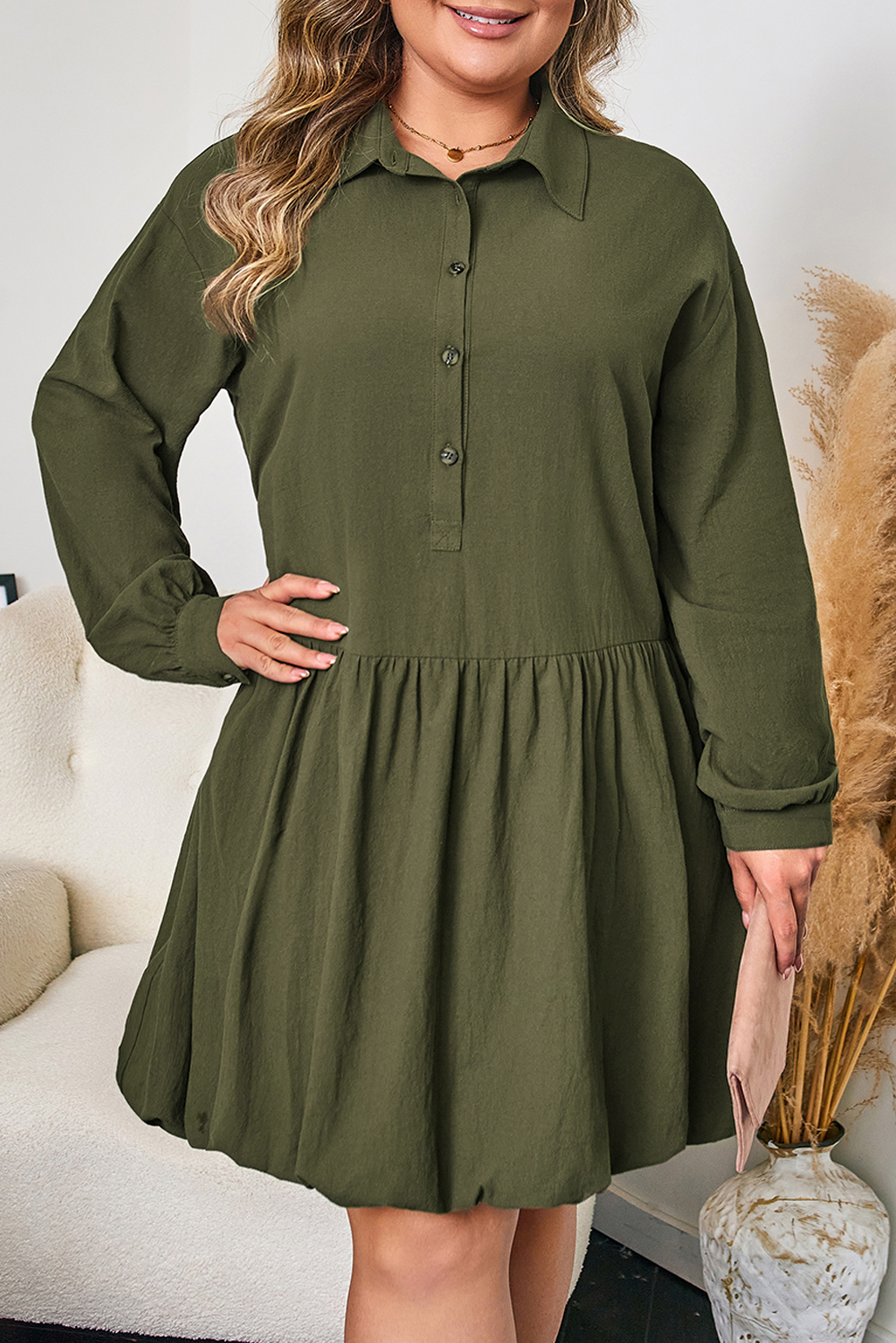 Plus Size Four Leaf Clover  Collar Half Button Long Sleeve Ruffle Hem Mini Dress