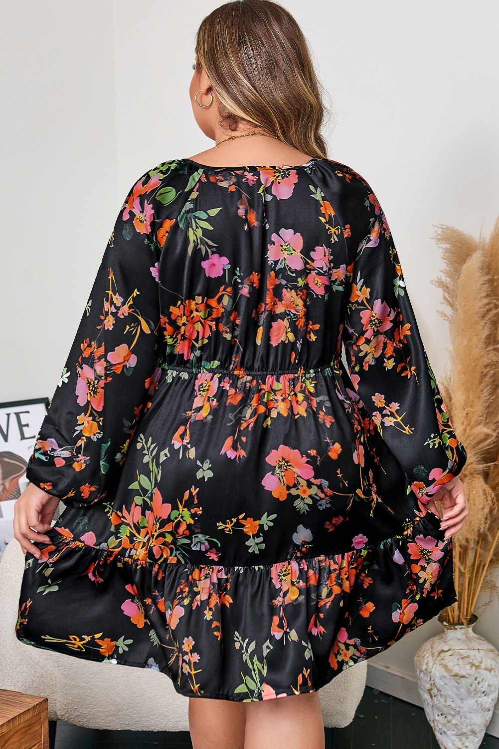 Plus Size Black  Floral Print Tie Neck Cinched Waist Long Sleeve Mini Dress