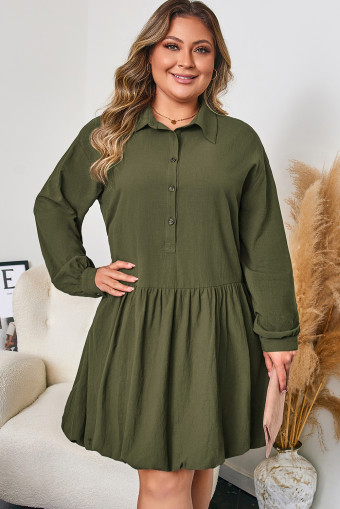 Plus Size Four Leaf Clover  Collar Half Button Long Sleeve Ruffle Hem Mini Dress