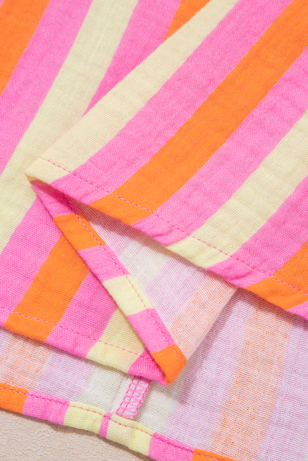 Plus Size Pink Stripe Crinkled Half Buttons V Neck  Blouse