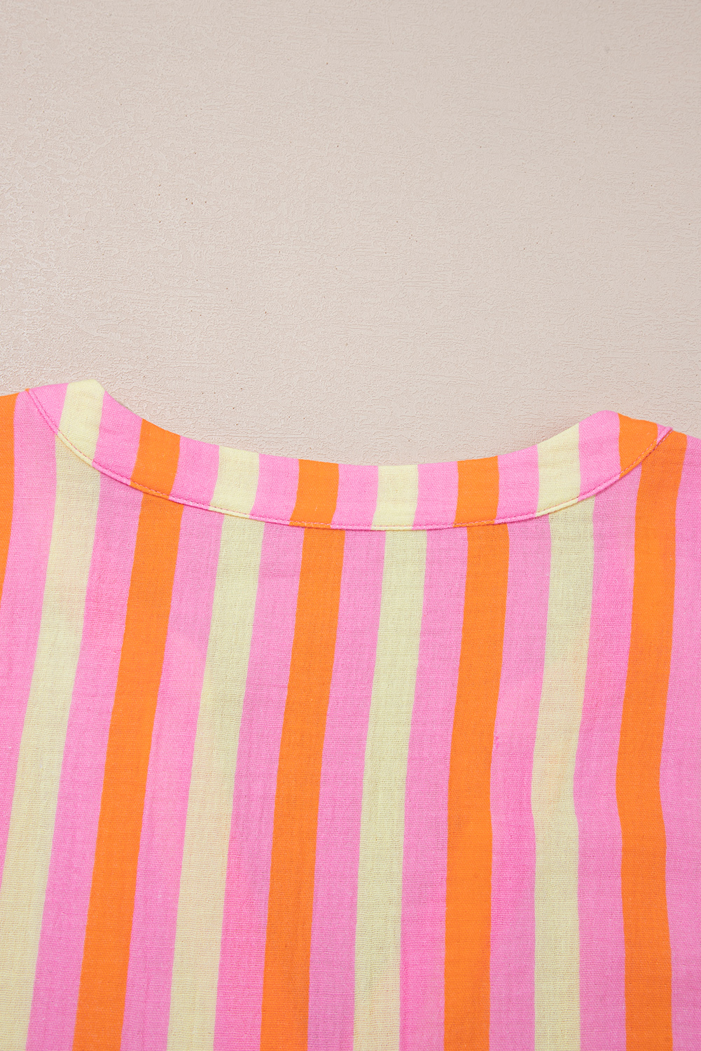 Plus Size Pink Stripe Crinkled Half Buttons V Neck  Blouse