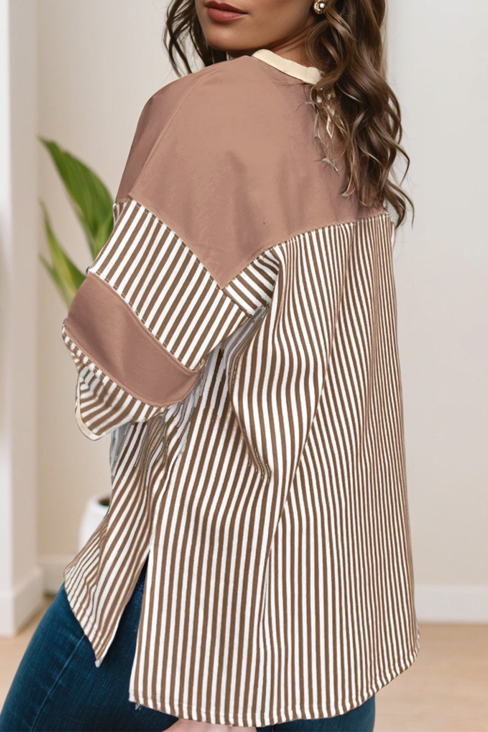 Plus Size Khaki Stripe Patchwork Bracelet Sleeve  T Shirt