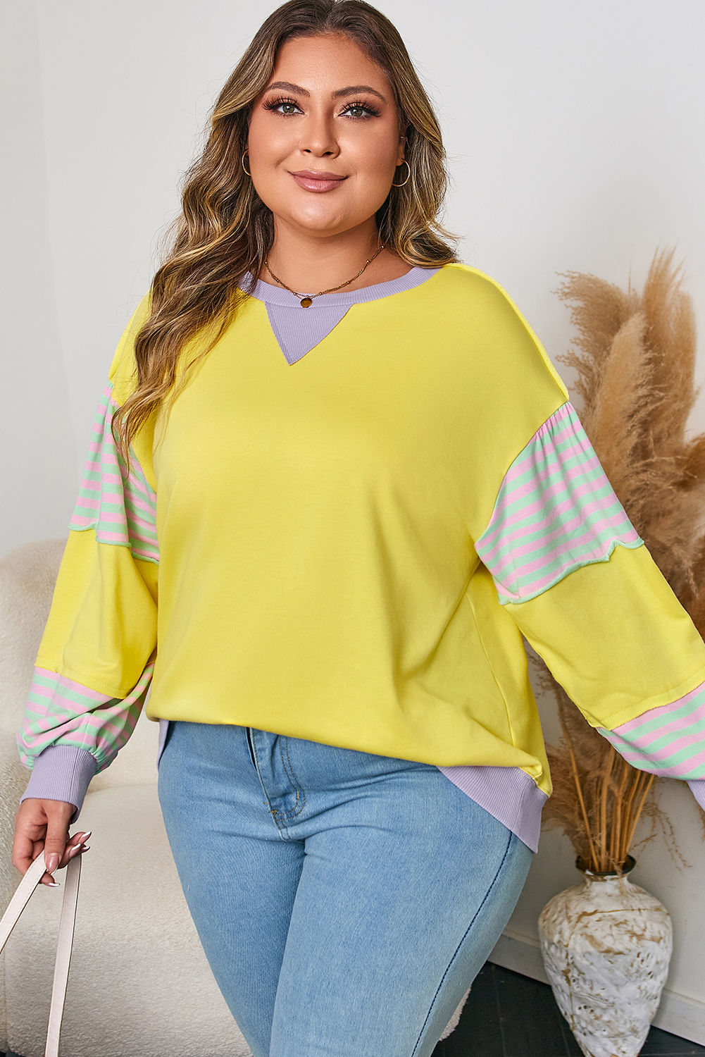 Plus Size Yellow Striped Color Block Patchwork Crewneck  Pullover Sweatshirt