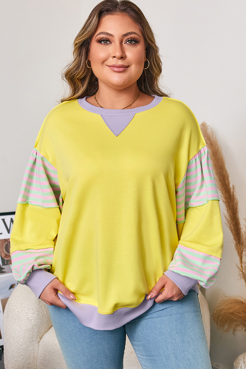 Plus Size Yellow Striped Color Block Patchwork Crewneck  Pullover Sweatshirt
