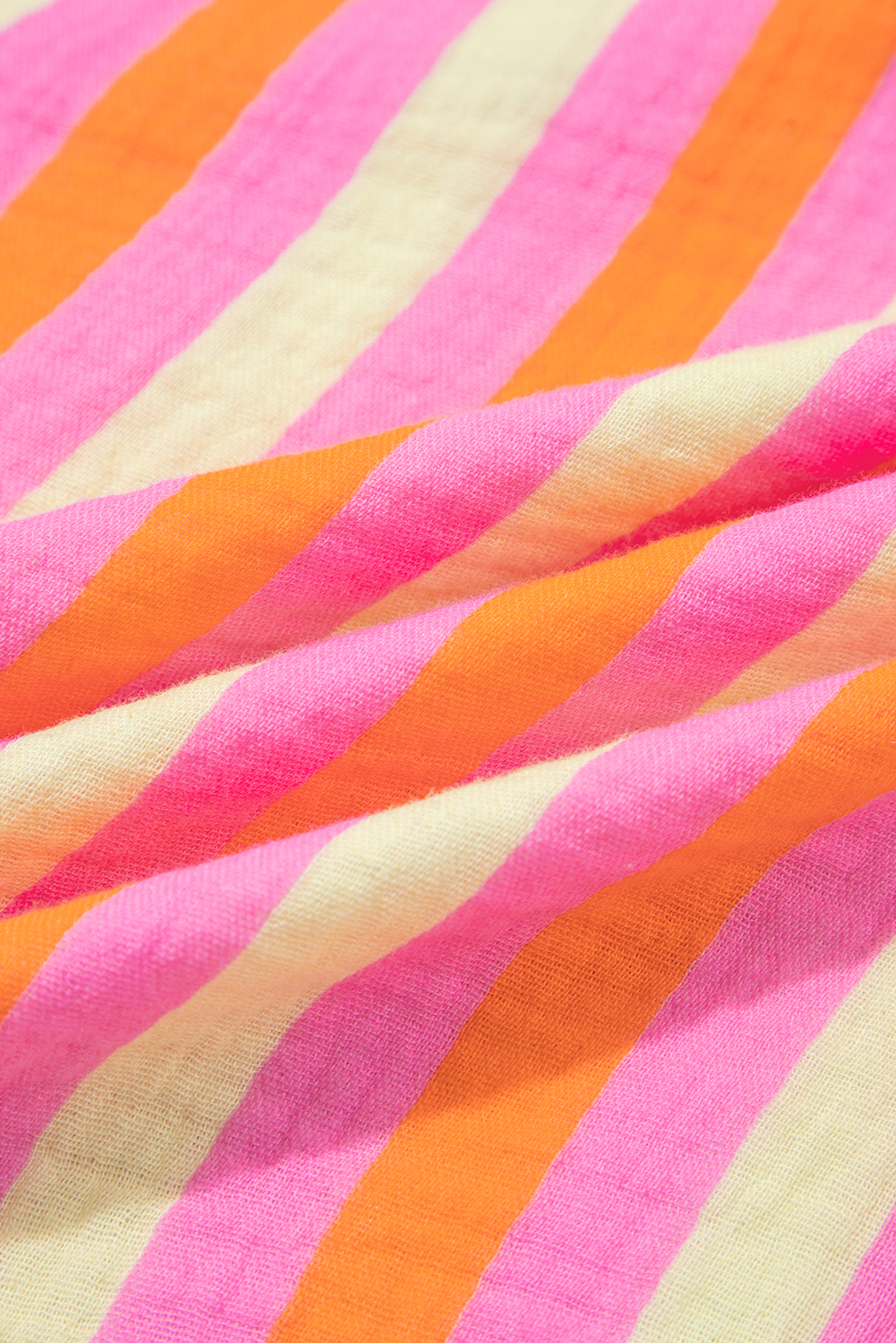 Plus Size Pink Stripe Crinkled Half Buttons V Neck  Blouse