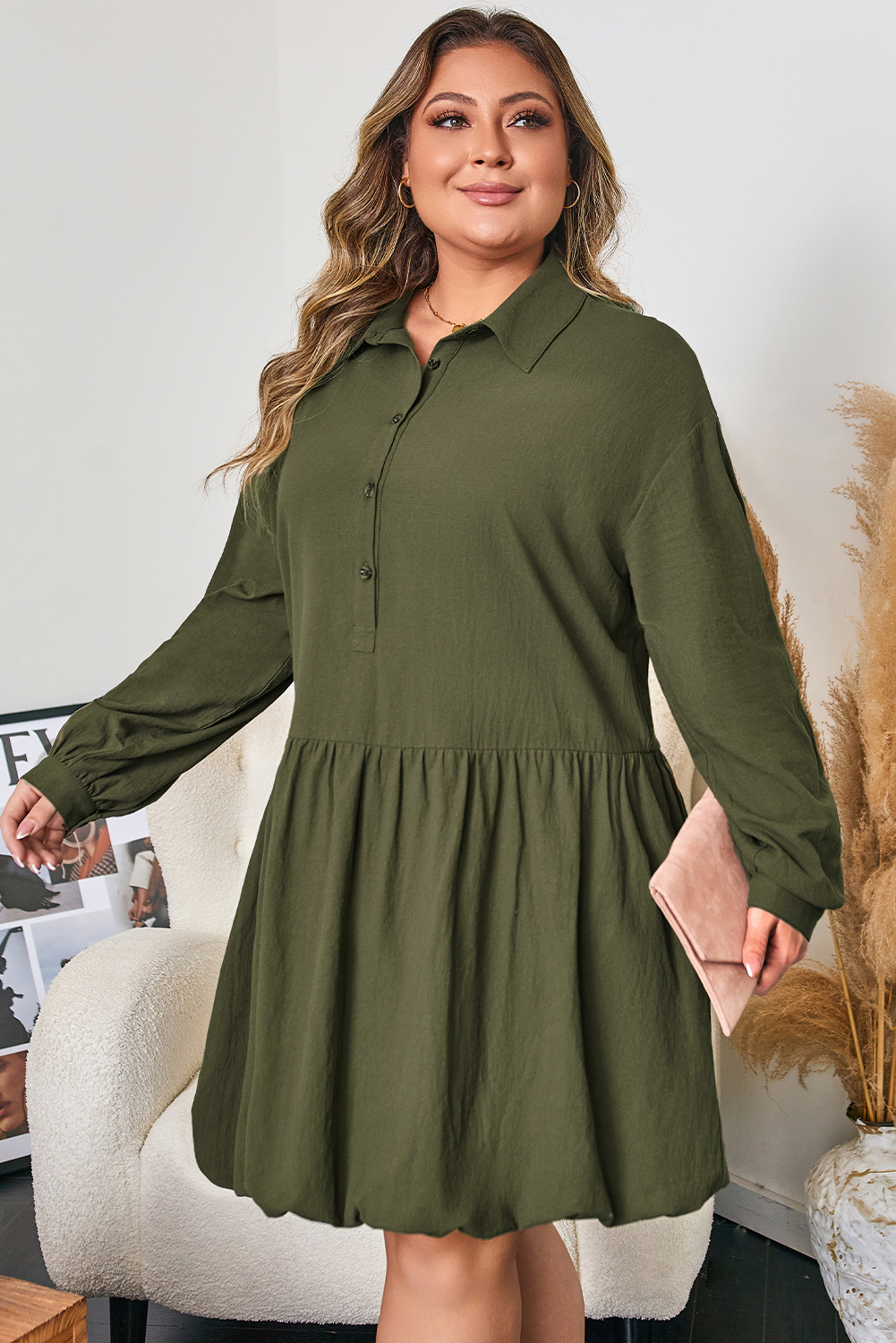 Plus Size Four Leaf Clover  Collar Half Button Long Sleeve Ruffle Hem Mini Dress
