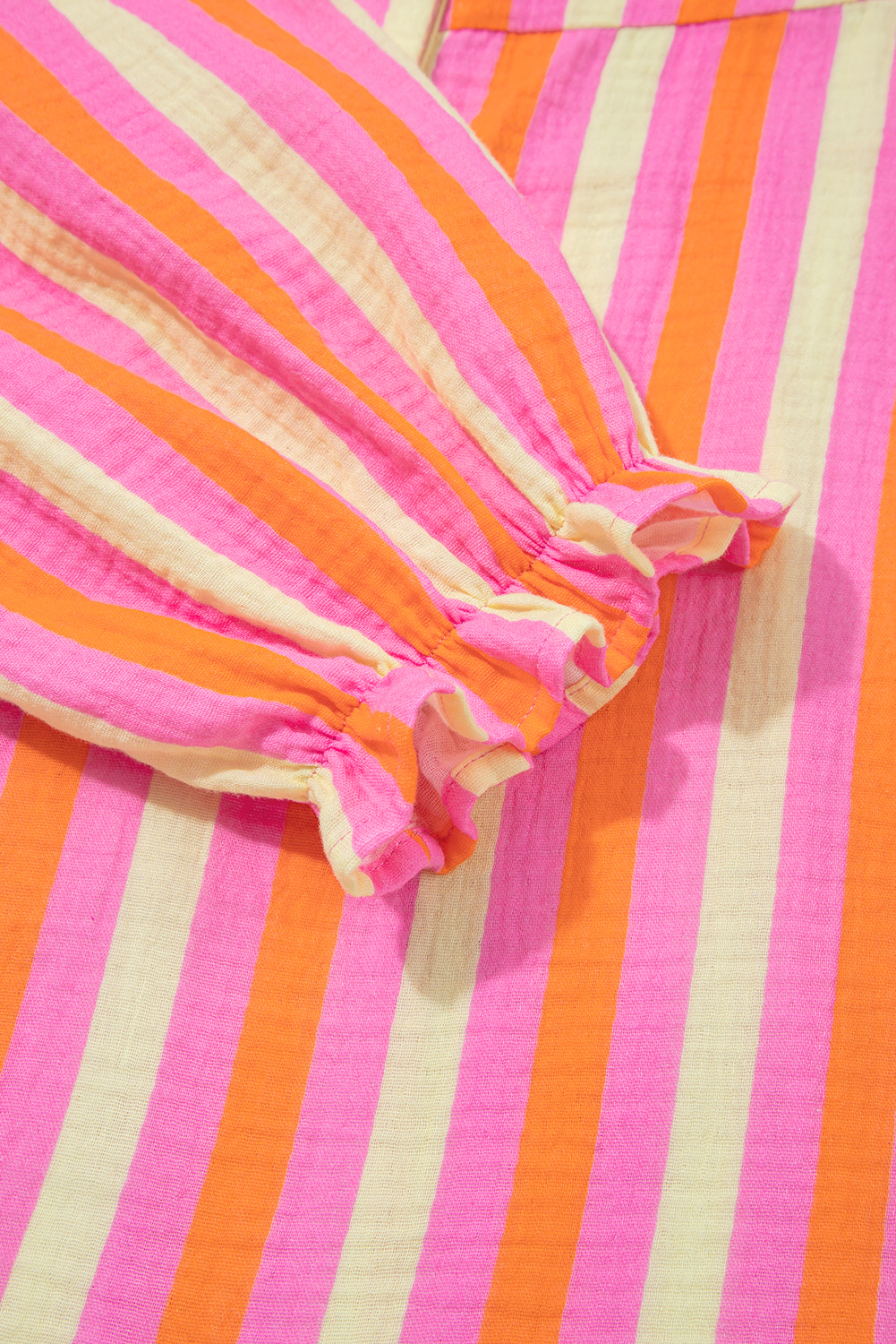 Plus Size Pink Stripe Crinkled Half Buttons V Neck  Blouse