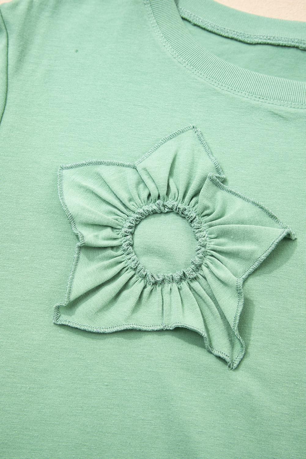 Plus Size Grass Green Flower Applique Mineral Wash  Top