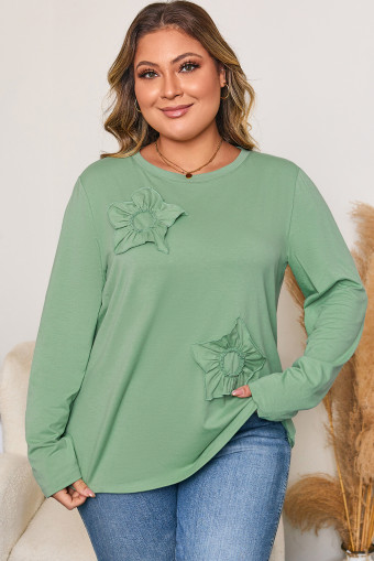Plus Size Grass Green Flower Applique Mineral Wash  Top