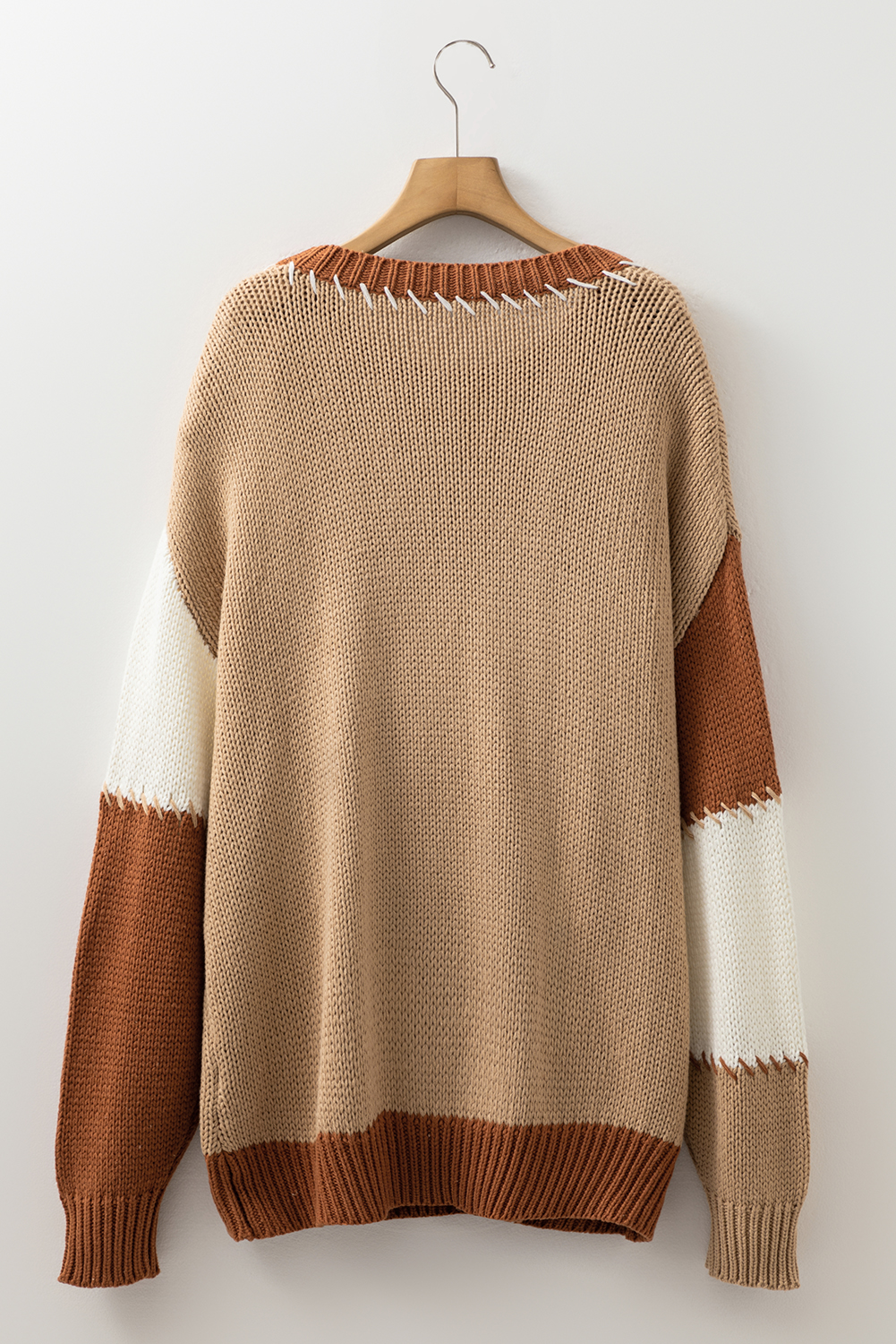 Plus Size Light French Beige Contrast Stitch Detail Color Block Knitted  Sweater