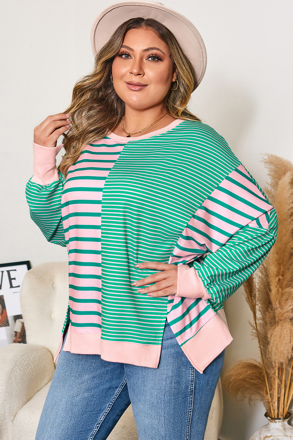 Plus Size Green Stripe Color Block Exposed Seam Side Slit  Sweatshirt