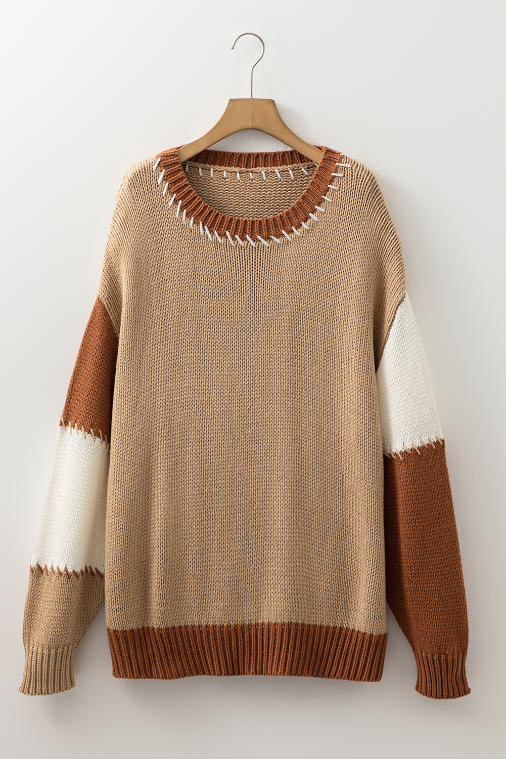 Plus Size Light French Beige Contrast Stitch Detail Color Block Knitted  Sweater