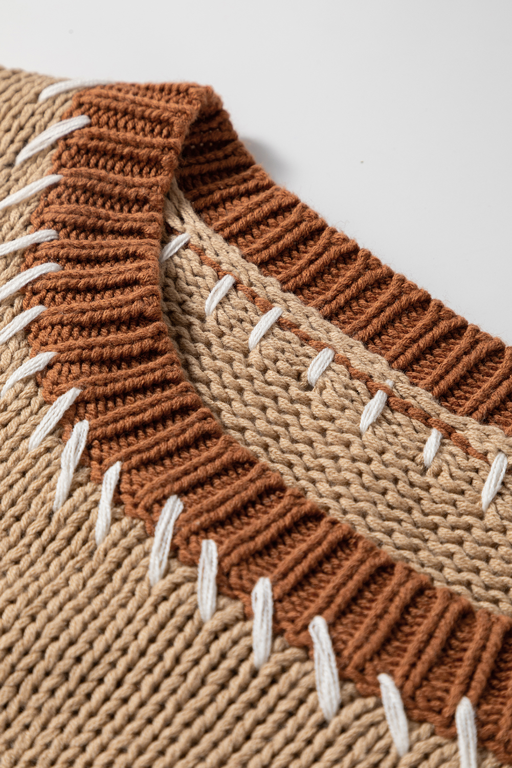 Plus Size Light French Beige Contrast Stitch Detail Color Block Knitted  Sweater