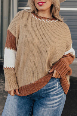 Plus Size Light French Beige Contrast Stitch Detail Color Block Knitted  Sweater