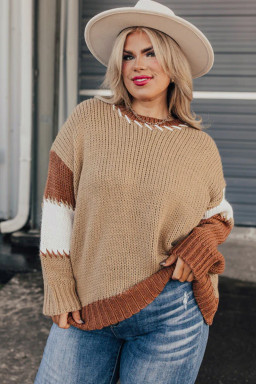 Plus Size Light French Beige Contrast Stitch Detail Color Block Knitted  Sweater