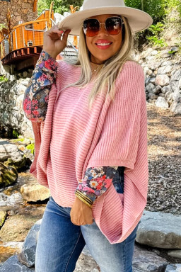 Plus Size Light Pink Ribbed Knit Half Sleeve  Poncho Style Sweater