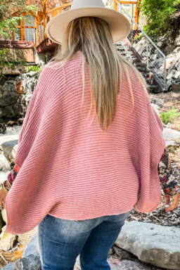 Plus Size Light Pink Ribbed Knit Half Sleeve  Poncho Style Sweater