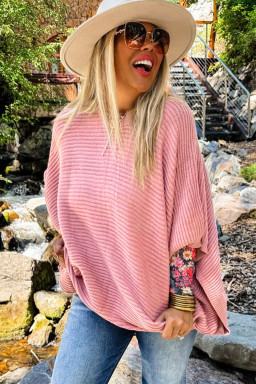 Plus Size Light Pink Ribbed Knit Half Sleeve  Poncho Style Sweater