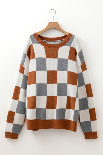Plus Size Brown  Checkered Crewneck Sweater