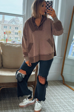 Plus Size Goat Waffle Contrast Patchwork  Pocketed Hoodie