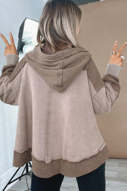 Plus Size Goat Waffle Contrast Patchwork  Pocketed Hoodie
