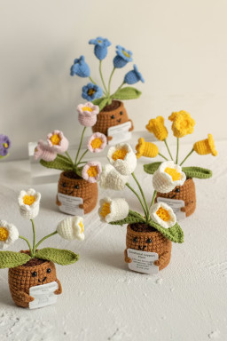 Coffee Handmade Crochet Flower Pot Emotional Support Decoration with Organic Size Variations