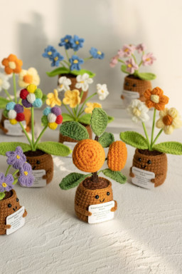 Coffee Handmade Crochet Flower Pot Emotional Support Decoration with Organic Size Variations