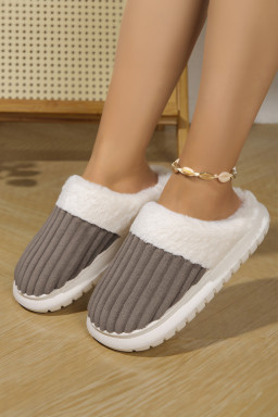 Dark Grey Ribbed Plush Color Block Winter Slippers