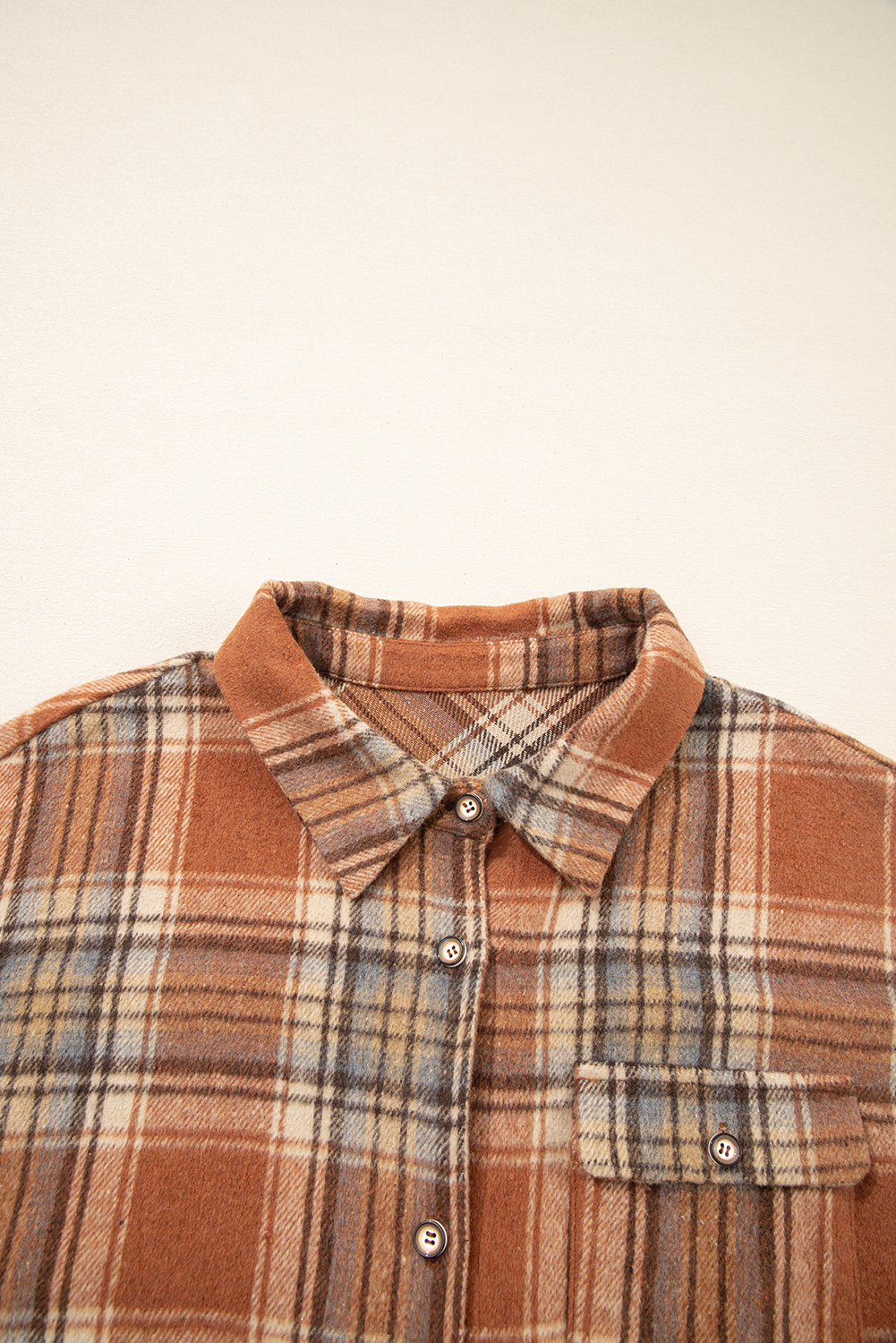 Plus Size Brown Plaid Print Flap Pocket Buttoned  Shacket