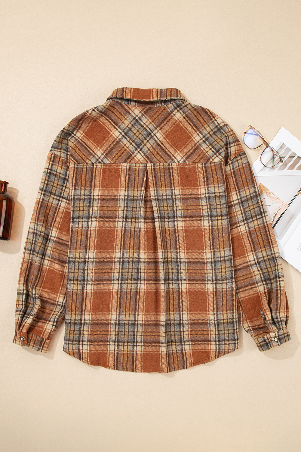 Plus Size Brown Plaid Print Flap Pocket Buttoned  Shacket