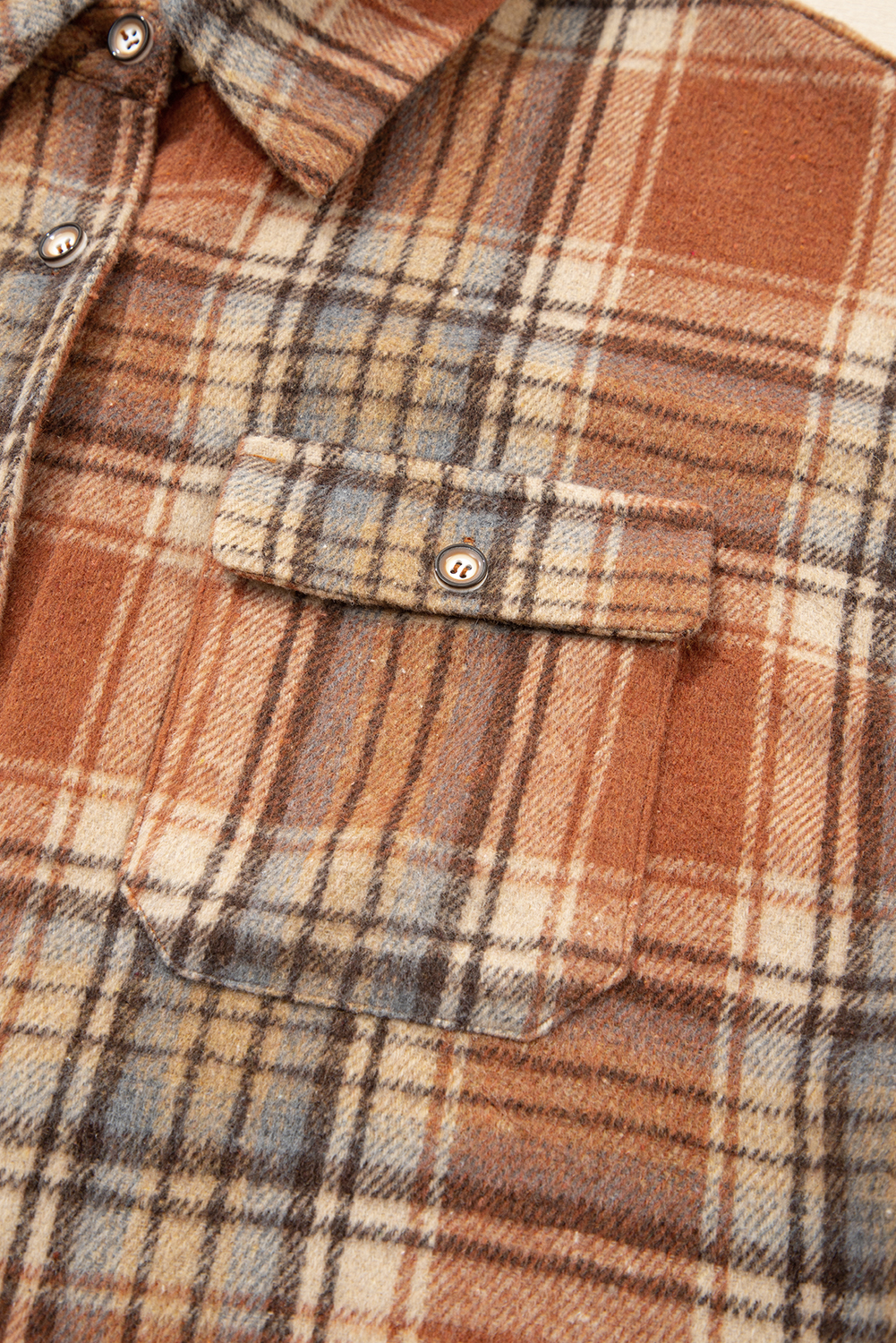 Plus Size Brown Plaid Print Flap Pocket Buttoned  Shacket