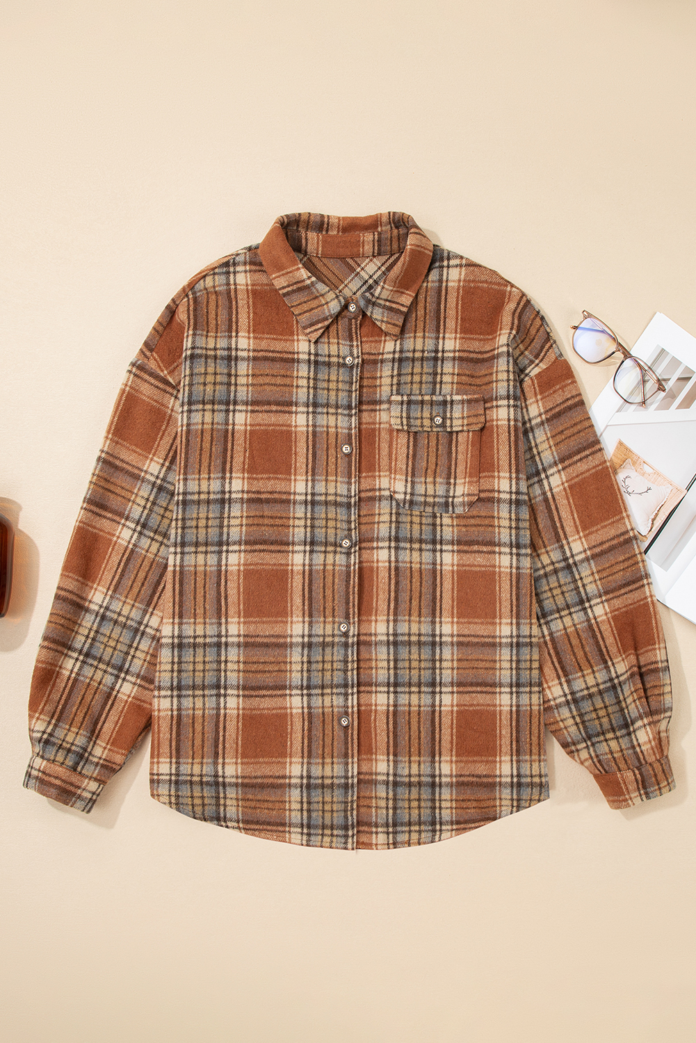 Plus Size Brown Plaid Print Flap Pocket Buttoned  Shacket