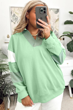 Plus Size Moonlight Jade Color Block Striped Patchwork Collar V Neck  Sweatshirt