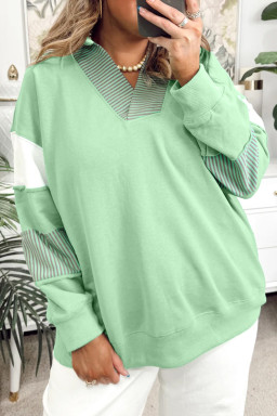 Plus Size Moonlight Jade Color Block Striped Patchwork Collar V Neck  Sweatshirt