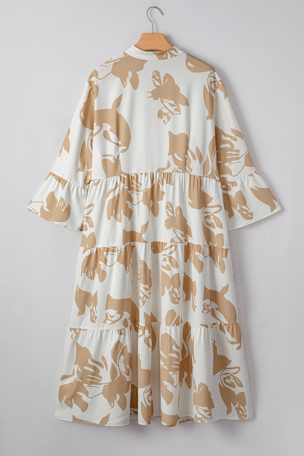 Plus Size Khaki Patterned Ruffled Sleeve Half Placket Tiered A-line  Long Dress