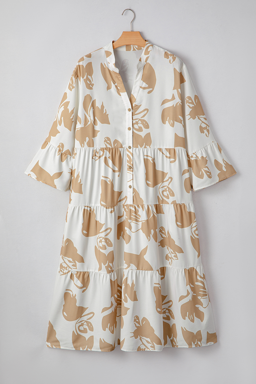 Plus Size Khaki Patterned Ruffled Sleeve Half Placket Tiered A-line  Long Dress