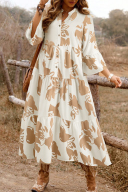 Plus Size Khaki Patterned Ruffled Sleeve Half Placket Tiered A-line  Long Dress